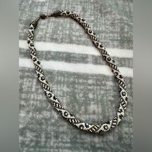 Handmade Beaded Crochet Necklace 21” Cream Blue Bronze Bling Magnetic clasp‎